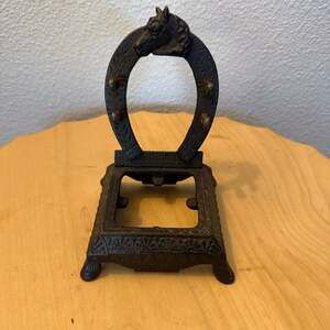 Antique Cast Iron Horseshoe and Horse Head Desk Inkwell Stand